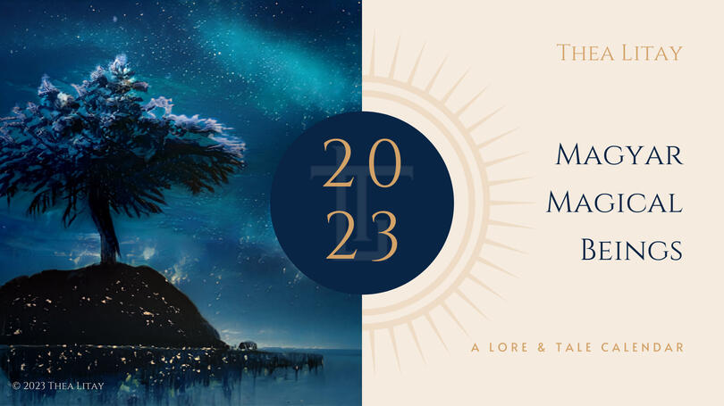 The cover image of the 2023 Calendar of Hungarian Magical Beings. The text says: "Thea Litay, Magyar Magical Beings, A Lore & Tale Calendar." There is a tree on a lonely island, it is night, and the sky is full of stars. The island looks to be sprinkled wi